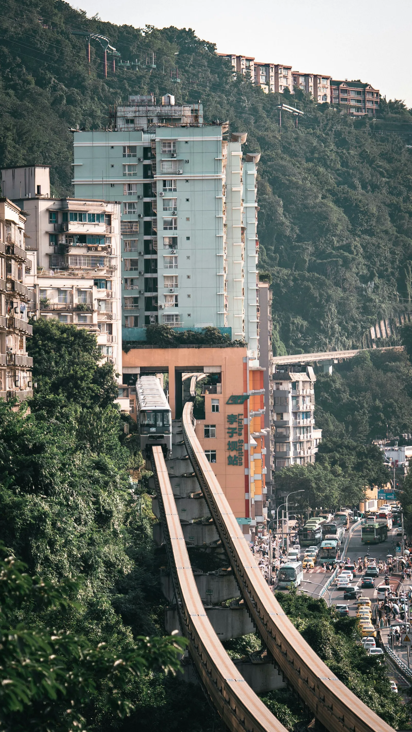 The Jiefangbei downtown core and elevated walkways in Chongqing