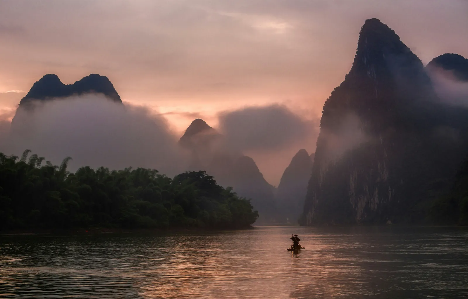 Sunrise over the karst peaks of the Li River valley
