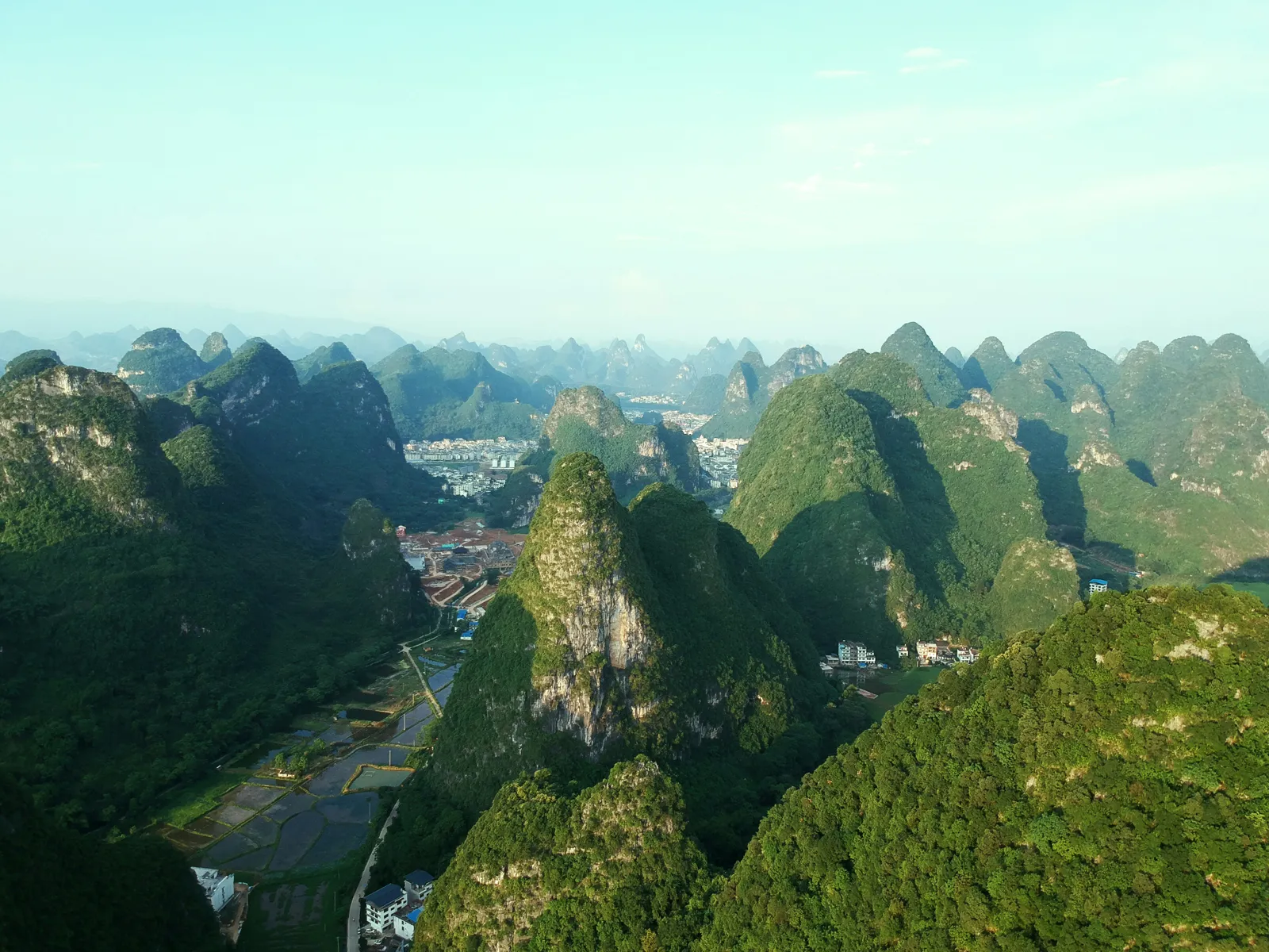 Rice fields and karst mountains in the Guilin countryside