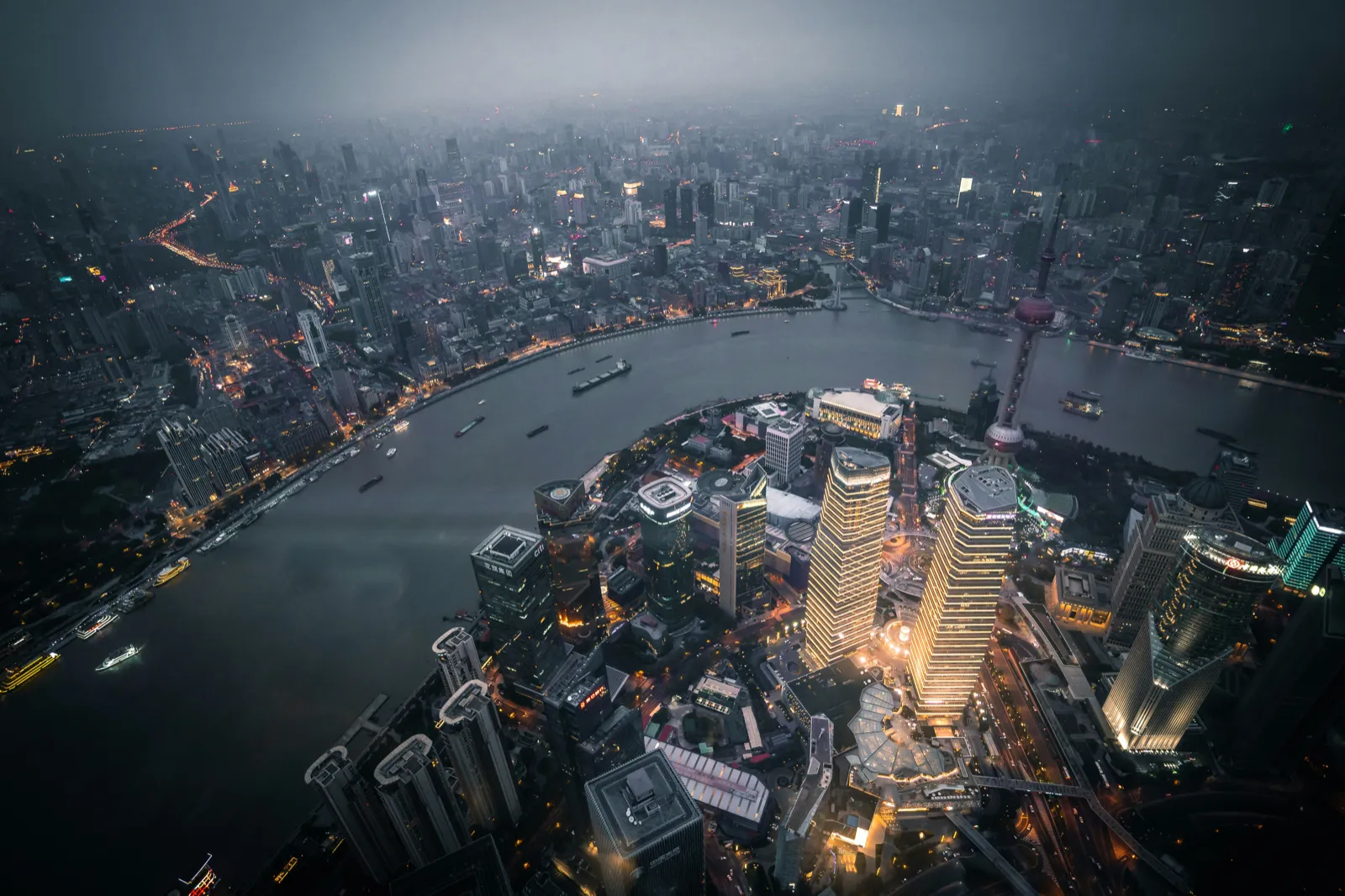 Bird's-eye view of the Shanghai skyline at night