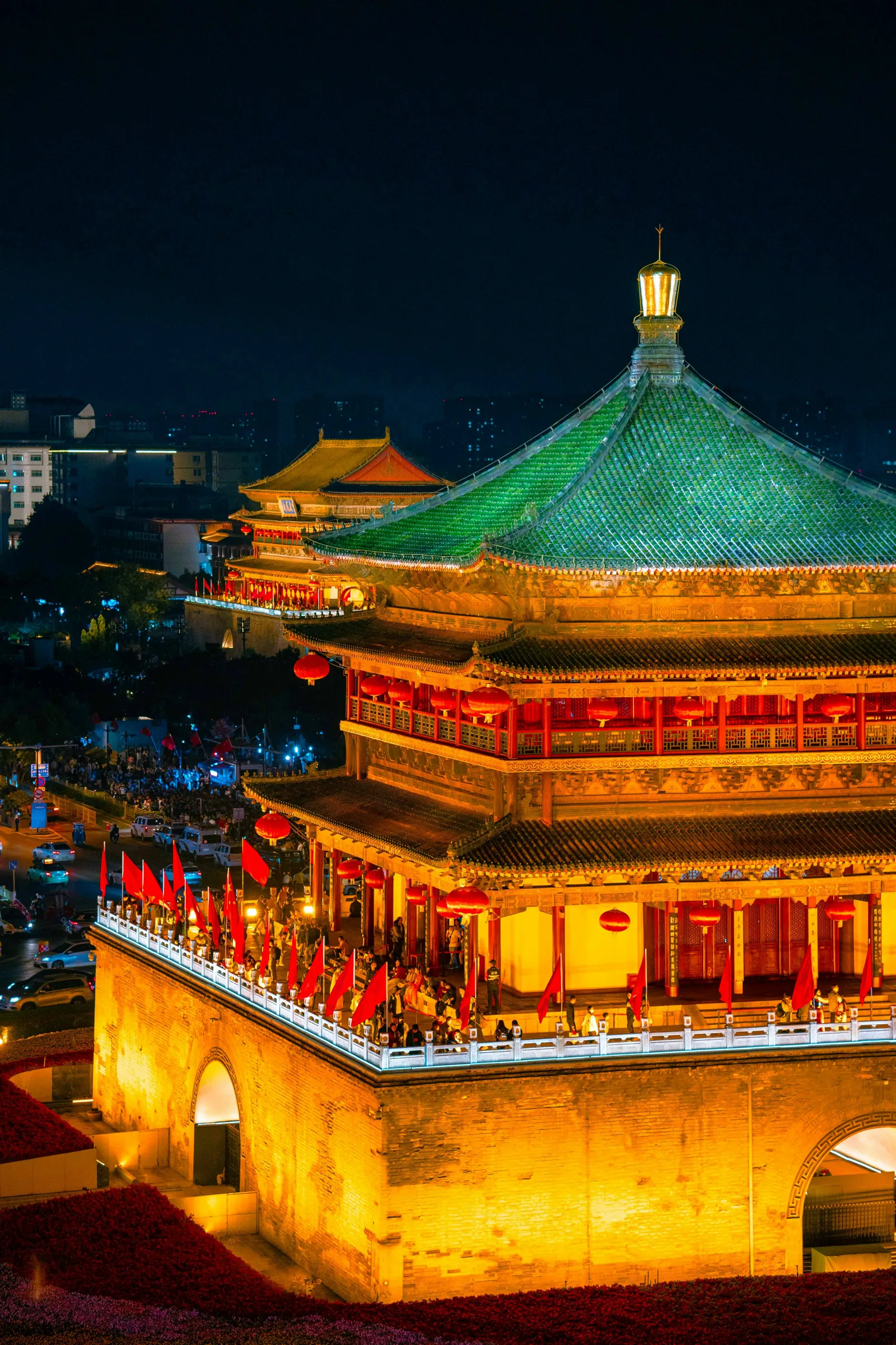 An illuminated traditional tower in Xi’an at night