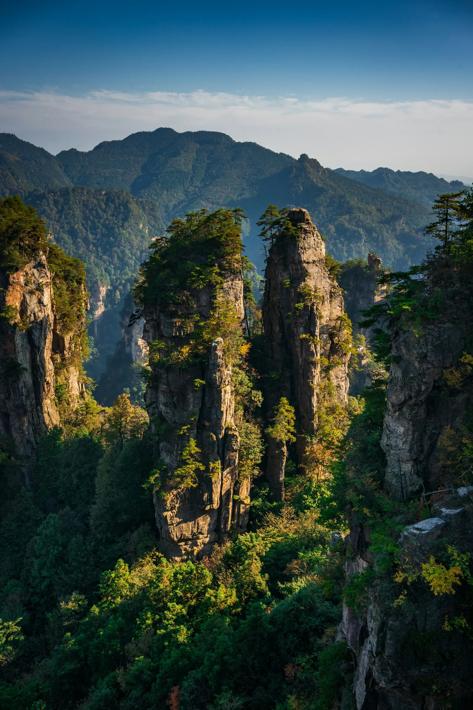 A tall sandstone pillar wrapped in cloud in Zhangjiajie